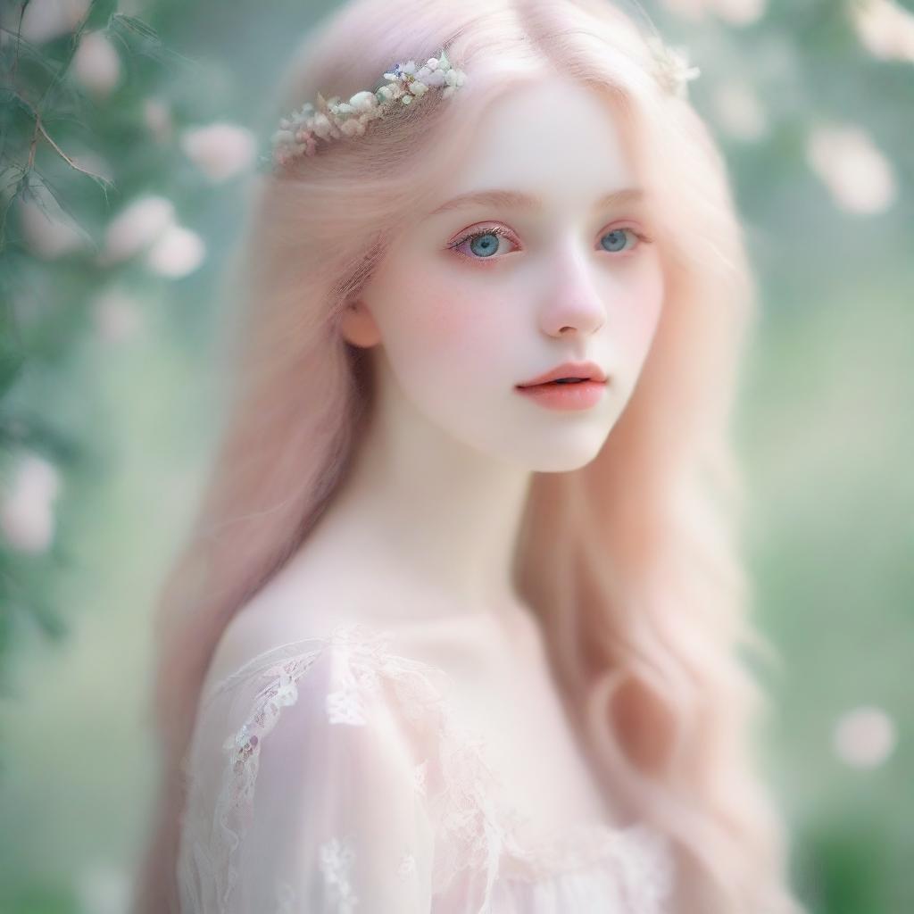 Create an image of a pale girl with fair skin, delicate features, and light hair