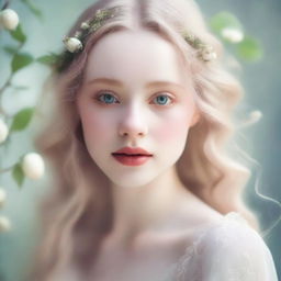 Create an image of a pale girl with fair skin, delicate features, and light hair