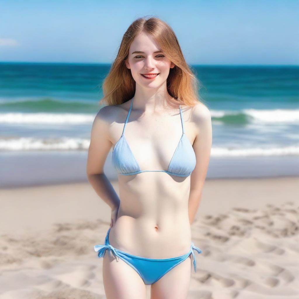 A pale girl wearing a bikini, standing on a beach with the ocean in the background