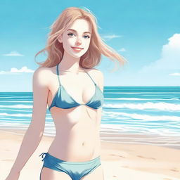 A pale girl wearing a bikini, standing on a beach with the ocean in the background