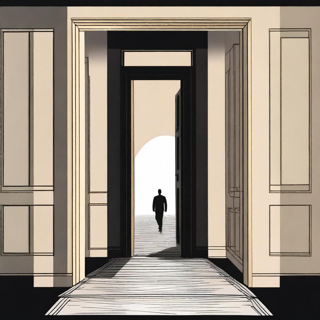 Create an image of a man walking on a path with several doors, some of which are ajar