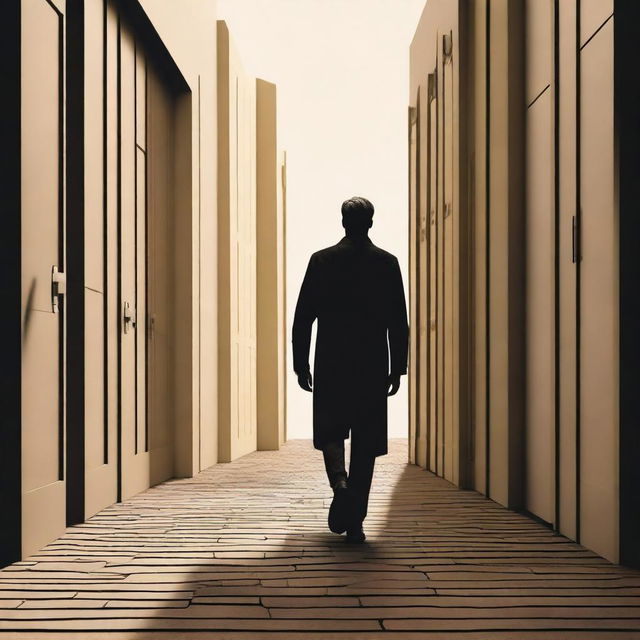 Create an image of a man walking on a path with several doors, some of which are ajar