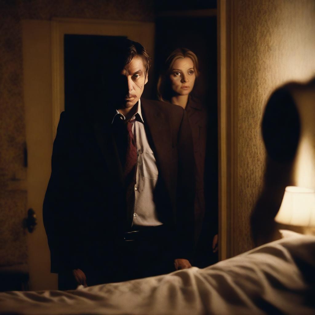 A dangerous young man in a dimly lit hotel room with a woman