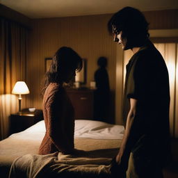 A dangerous young man in a dimly lit hotel room with a woman