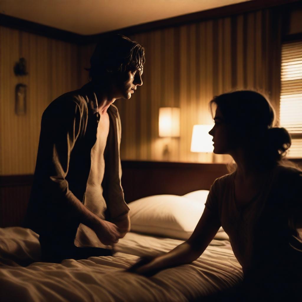 A dangerous young man in a dimly lit hotel room with a woman