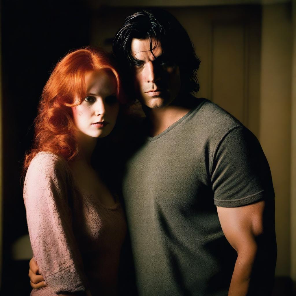 A dangerous young man with dark hair in a dimly lit hotel room holding a red-haired woman captive