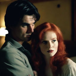 A dangerous young man with dark hair in a dimly lit hotel room holding a red-haired woman captive