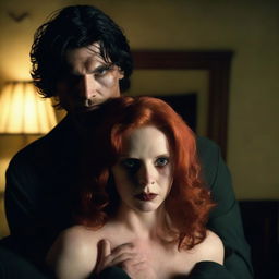 A dangerous young man with dark hair in a dimly lit hotel room holding a red-haired woman captive