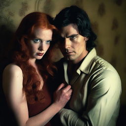 A dangerous young man with dark hair in a dimly lit hotel room holding a red-haired woman captive