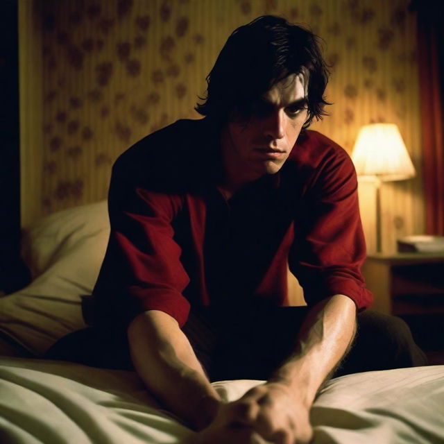 A dangerous and fit young man with dark hair is sitting on a bed in a dimly lit motel room