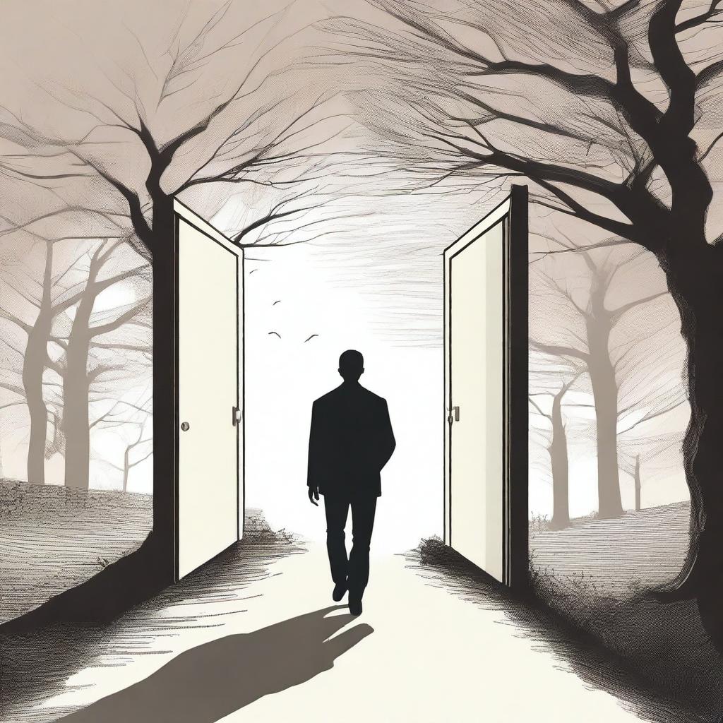 An image of a man seen from behind, walking on a path that branches into several directions, each leading to a different door