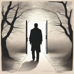 An image of a man seen from behind, walking on a path that branches into several directions, each leading to a different door