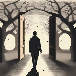 An image of a man seen from behind, walking on a path that branches into several directions, each leading to a different door