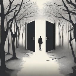 An image of a man seen from behind, walking on a path that branches into several directions, each leading to a different door