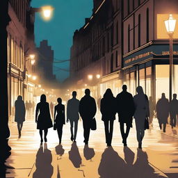 A nighttime scene featuring multiple pedestrians walking in different directions on a city street