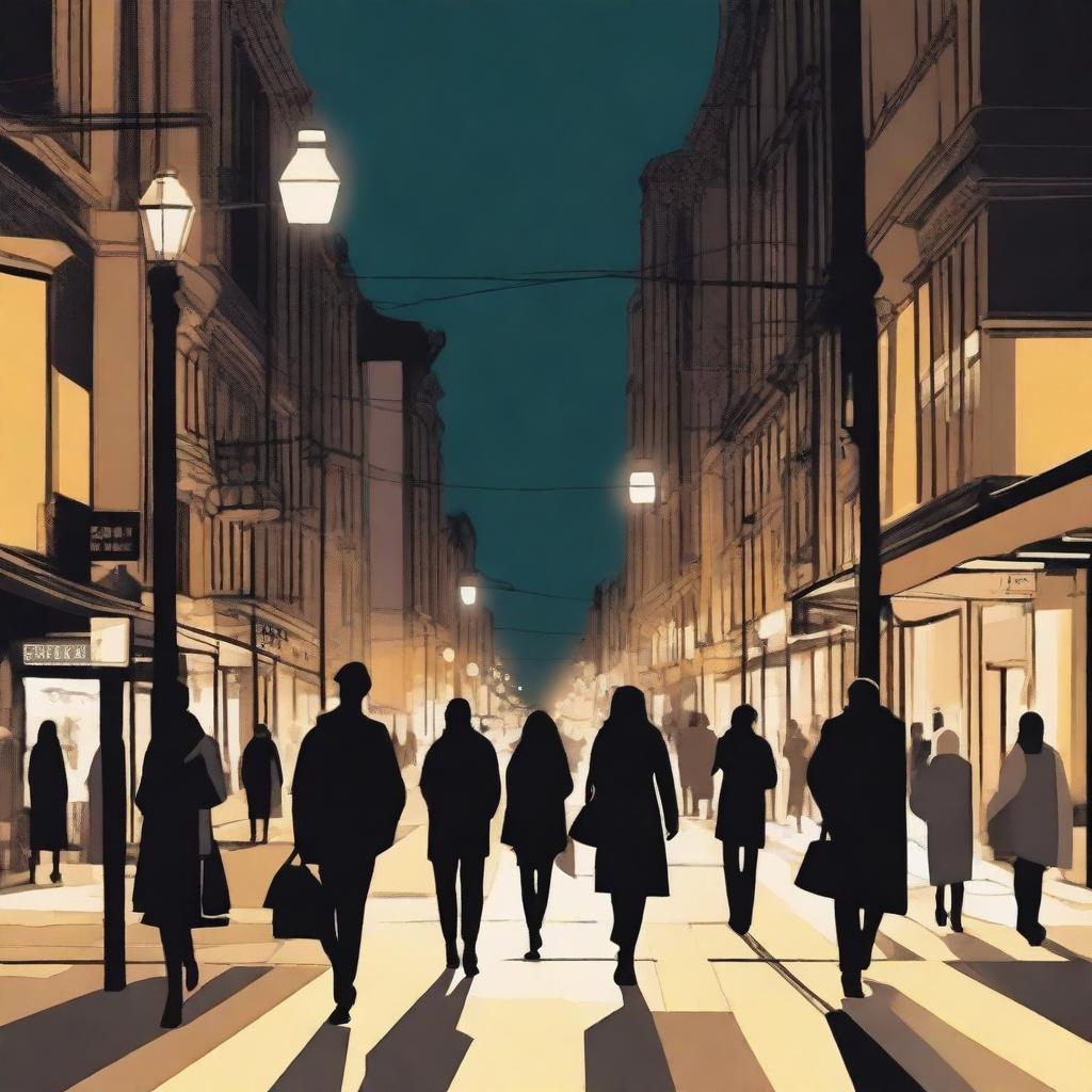 A nighttime scene featuring multiple pedestrians walking in different directions on a city street