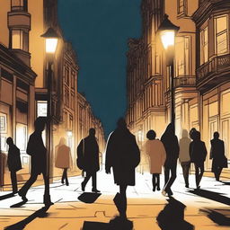 A nighttime scene featuring multiple pedestrians walking in different directions on a city street