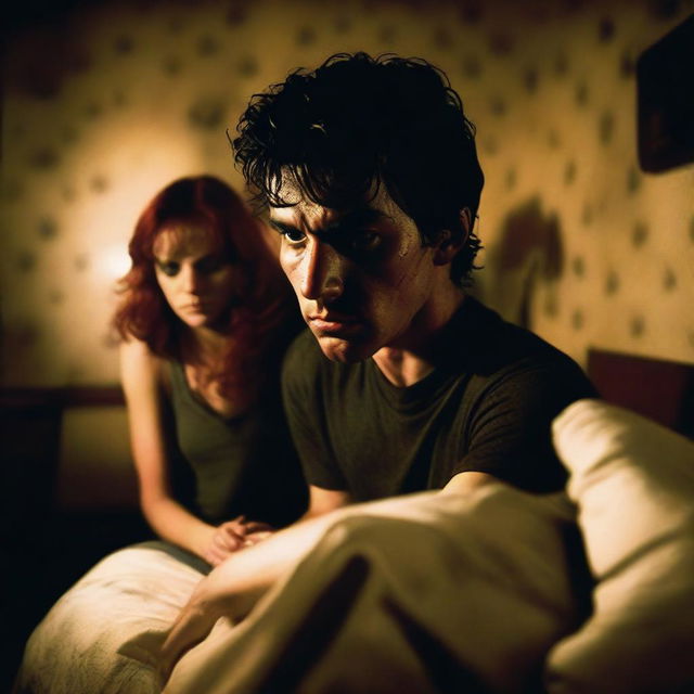 A dangerous and fit young man with dark hair is sitting on a bed in a dimly lit motel room