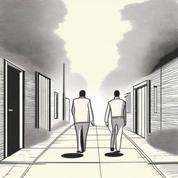 Create an image showing a couple standing back to back, walking on a path that has several directions and doors