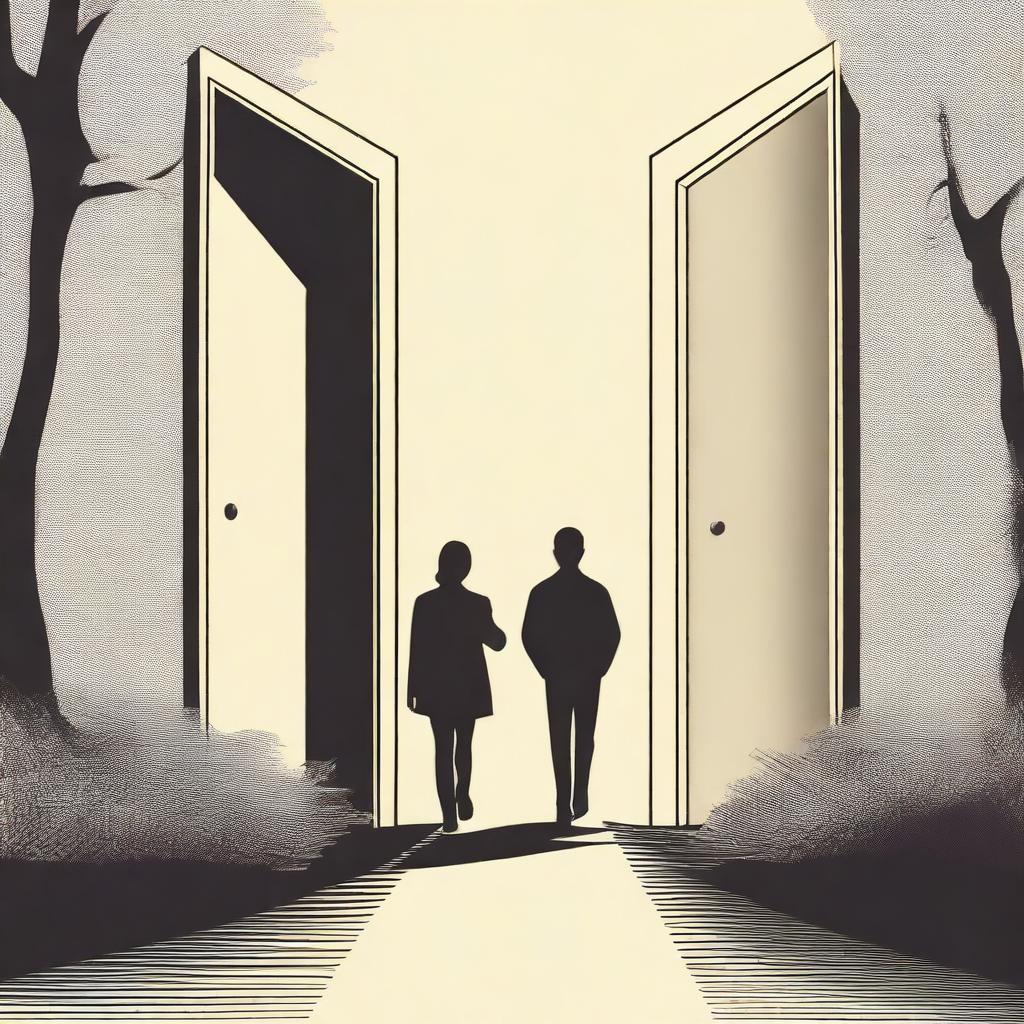 Create an image showing a couple standing back to back, walking on a path that has several directions and doors