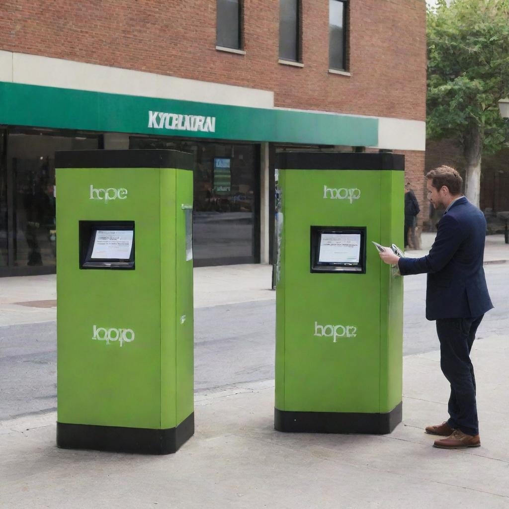 Two HOP kiosks in an urban environment. On one side, capture a man handing a box to another man at the entrance of the first HOP kiosk. On the other side, depict another man retrieving a box from the second kiosk.