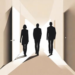 Create an image showing a couple standing back to back, walking on a path that has several directions and doors