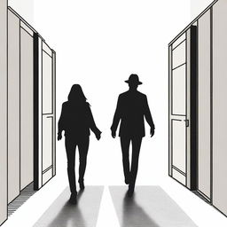 Create an image showing a couple standing back to back, walking on a path that has several directions and doors