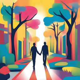 Create an image showing a couple holding hands, walking along a path that has several directions and doors