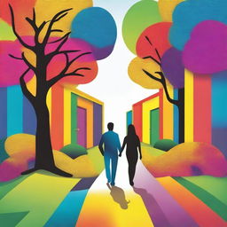 Create an image showing a couple holding hands, walking along a path that has several directions and doors