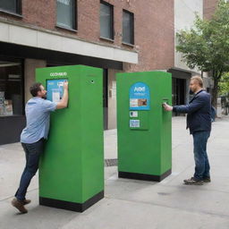 Two HOP kiosks in an urban environment. On one side, capture a man handing a box to another man at the entrance of the first HOP kiosk. On the other side, depict another man retrieving a box from the second kiosk.