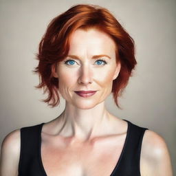 A 40-year-old lady with red hair and blue eyes, wearing a black low cut top