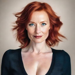 A 40-year-old lady with red hair and blue eyes, wearing a black low cut top