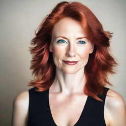 A 40-year-old lady with red hair and blue eyes, wearing a black low cut top