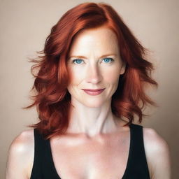 A 40-year-old lady with red hair and blue eyes, wearing a black low cut top