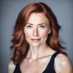 A 40-year-old lady with auburn hair and blue eyes, wearing a black low-cut top