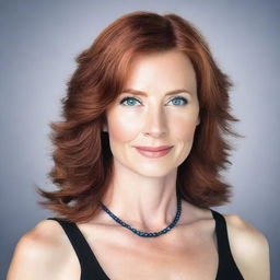 A 40-year-old lady with auburn hair and blue eyes, wearing a black low-cut top