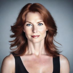 A 40-year-old lady with auburn hair and blue eyes, wearing a black low-cut top