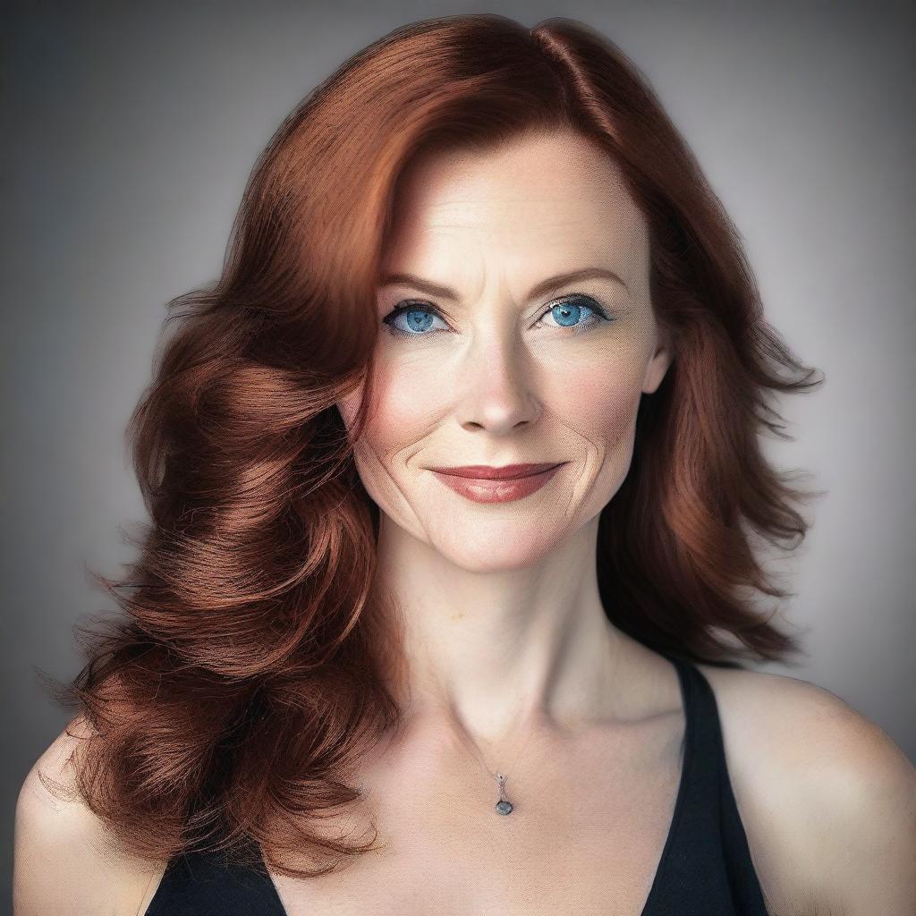 A 40-year-old lady with auburn hair and blue eyes, wearing a black low-cut top