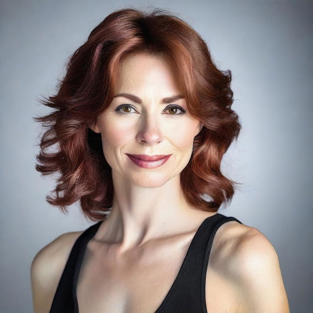 A 40-year-old lady with auburn hair, brown eyes, and white skin, wearing a black low-cut top