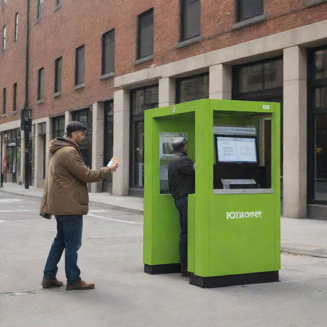 Two HOP kiosks in an urban environment. On one side, capture a man handing a box to another man at the entrance of the first HOP kiosk. On the other side, depict another man retrieving a box from the second kiosk.