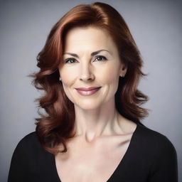 A 40-year-old lady with auburn hair, brown eyes, and white skin, wearing a black low-cut top