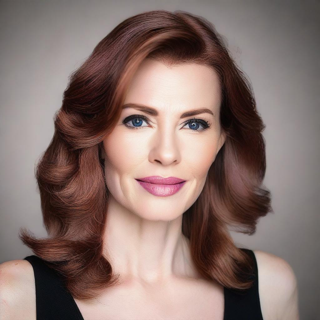 A 40-year-old lady with auburn hair, brown eyes, and white skin, wearing light pink lipstick and a black low-cut top