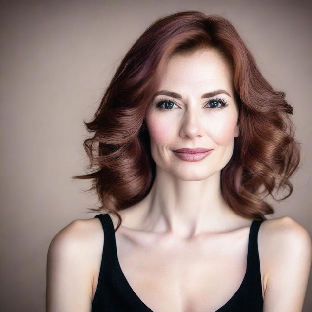 A 40-year-old lady with auburn hair, brown eyes, and white skin, wearing light pink lipstick and a black low-cut top