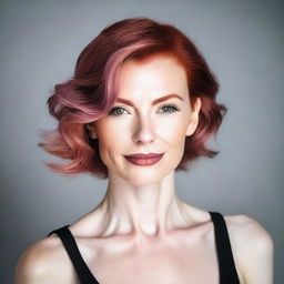 A 40-year-old lady with red hair, brown eyes, and white skin, wearing light pink lipstick and a black low-cut top