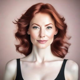 A 40-year-old lady with red hair, brown eyes, and white skin, wearing light pink lipstick and a black low-cut top