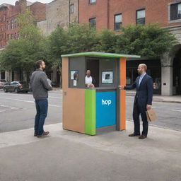 Two HOP kiosks in an urban environment. On one side, capture a man handing a box to another man at the entrance of the first HOP kiosk. On the other side, depict another man retrieving a box from the second kiosk.