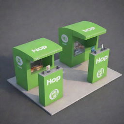 A 3D image featuring two HOP kiosks. At one kiosk, a man is handing over a box to another man. In the middle there is a truck, and at the other kiosk, a different man is taking out a box.