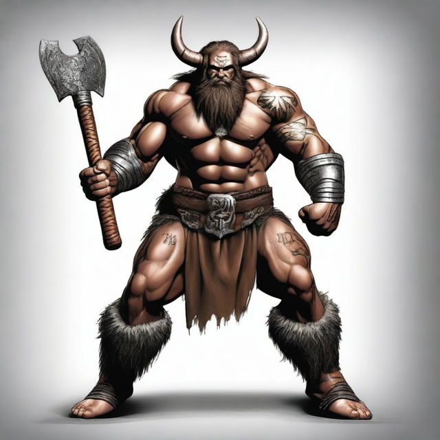 Create a realistic image of a metallic barbarian with axes in both hands