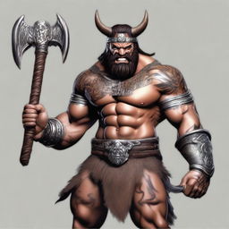 Create a realistic image of a metallic barbarian with axes in both hands