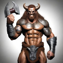 Create a realistic image of a metallic barbarian with axes in both hands